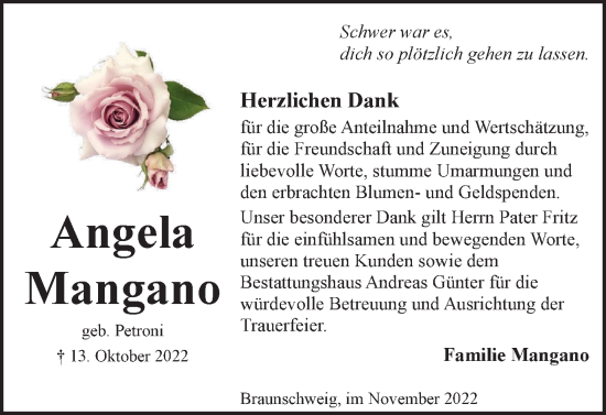 Traueranzeige von Angela Mangano von Braunschweiger Zeitung