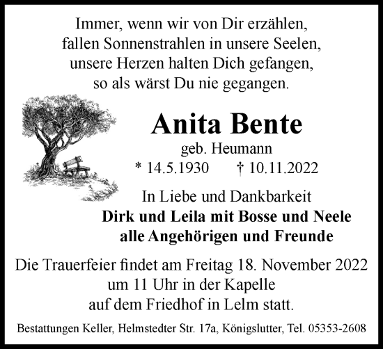 Traueranzeige von Anita Bente von Wolfsburger Nachrichten, Helmstedter Nachrichten