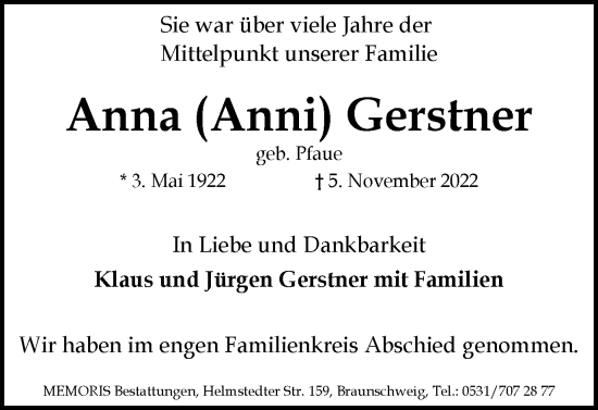 Traueranzeige von Anna Gerstner von Wolfenbütteler Zeitung