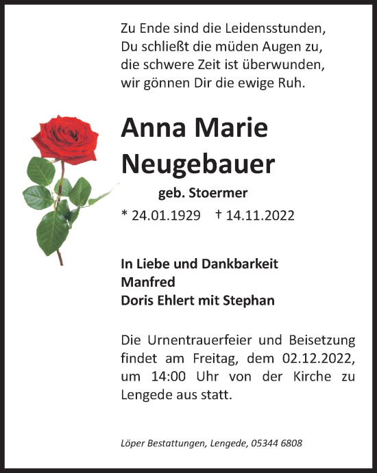 Traueranzeige von Anna Marie Neugebauer von Peiner Nachrichten