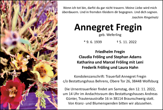 Traueranzeige von Annegret Fregin von Wolfsburger Nachrichten