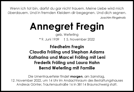 Traueranzeige von Annegret Fregin von Braunschweiger Zeitung