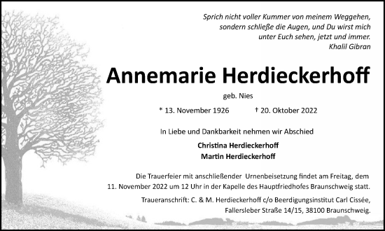 Traueranzeige von Annemarie Herdieckerhoff von Braunschweiger Zeitung, Wolfsburger Nachrichten