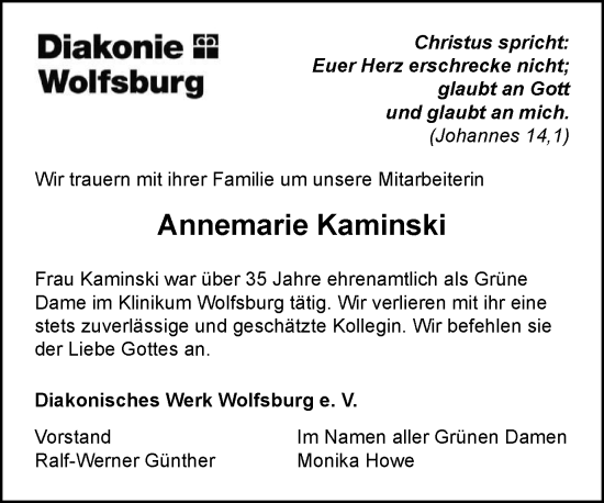 Traueranzeige von Annemarie Kaminski von Wolfsburger Nachrichten