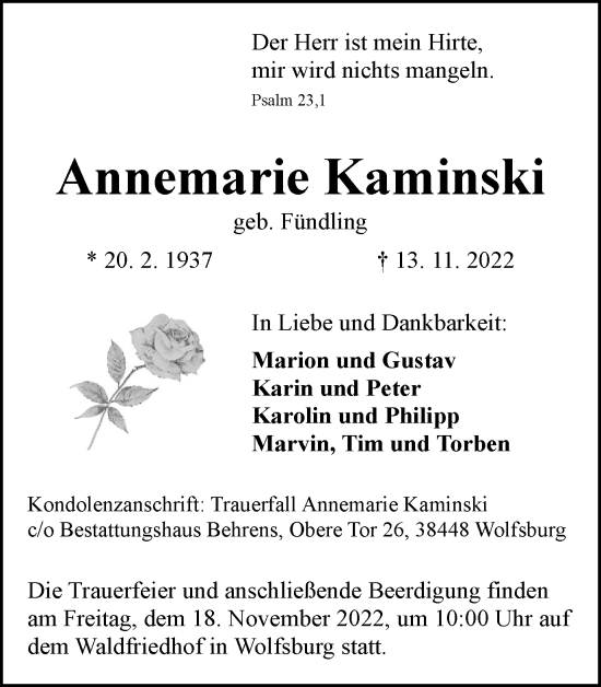 Traueranzeige von Annemarie Kaminski von Wolfsburger Nachrichten