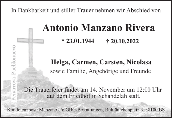 Traueranzeige von Antonio Manzano Rivera von Braunschweiger Zeitung