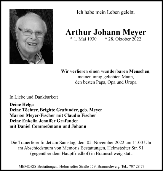 Traueranzeige von Arthur Johann Meyer von Braunschweiger Zeitung