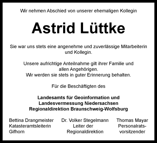 Traueranzeige von Astrid Lüttke von Wolfsburger Nachrichten