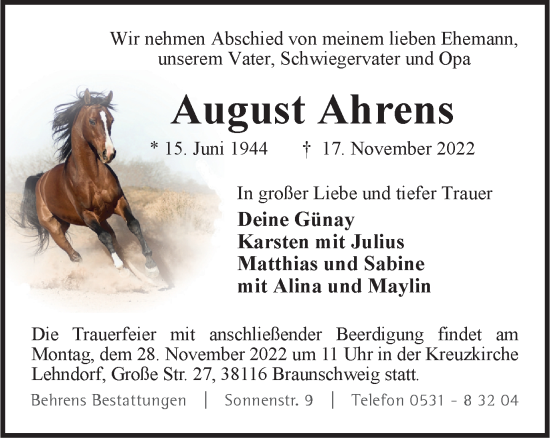Traueranzeige von August Ahrens von Braunschweiger Zeitung