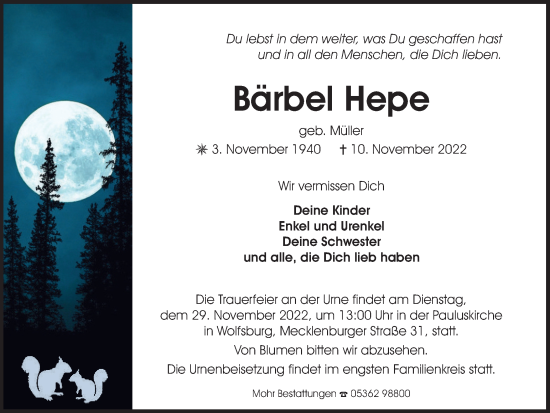 Traueranzeige von Bärbel Hepe von Wolfsburger Nachrichten