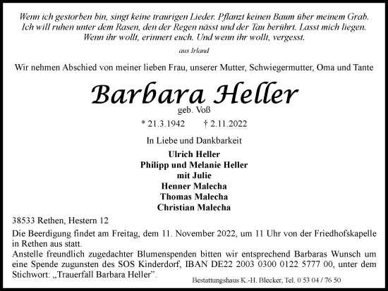 Traueranzeige von Barbara Heller von Braunschweiger Zeitung