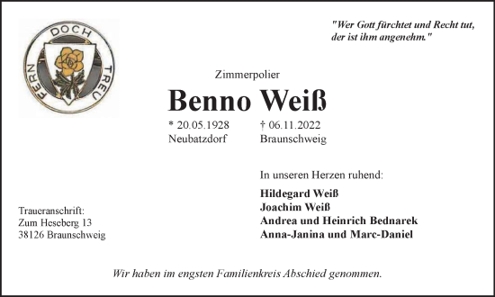 Traueranzeige von Benno Weiß von Braunschweiger Zeitung