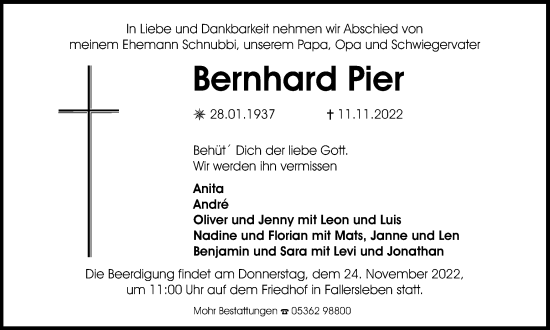 Traueranzeige von Bernhard Pier von Wolfsburger Nachrichten