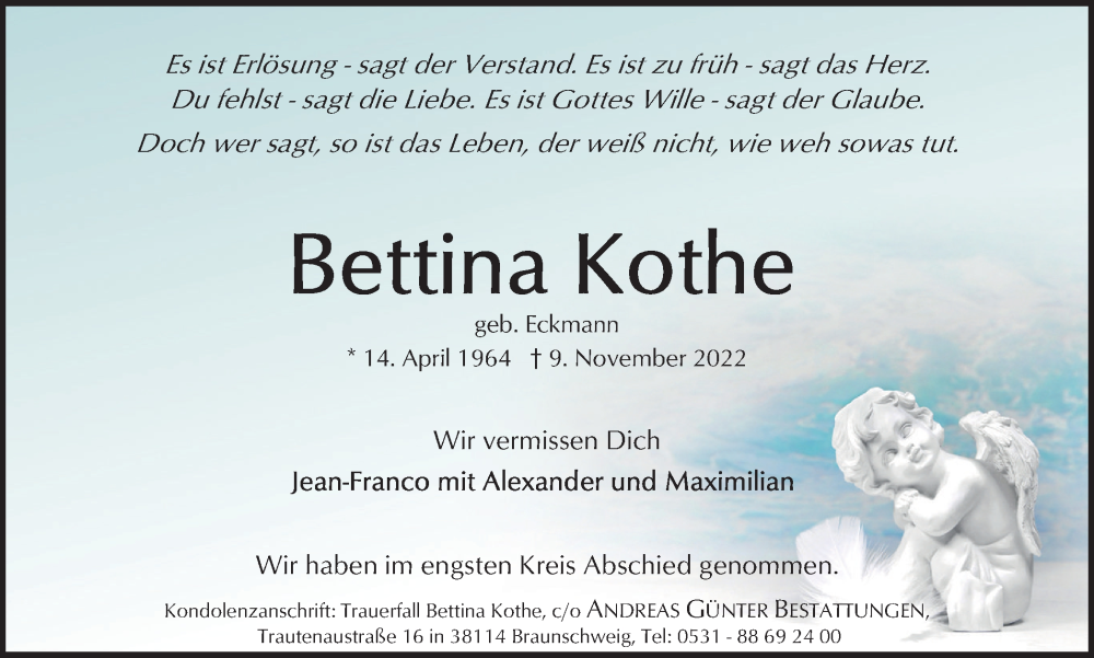  Traueranzeige für Bettina Kothe vom 26.11.2022 aus Braunschweiger Zeitung
