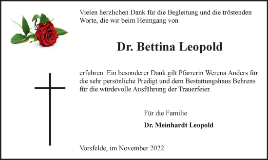 Traueranzeige von Bettina Leopold von Wolfsburger Nachrichten