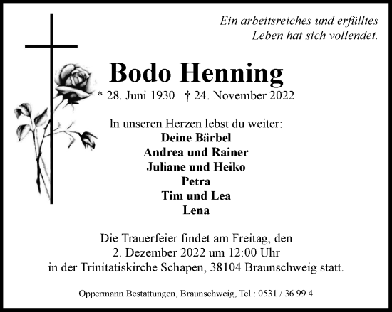 Traueranzeige von Bodo Henning von Braunschweiger Zeitung