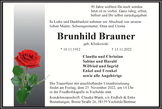 Traueranzeige von Brunhild Brauner von Peiner Nachrichten