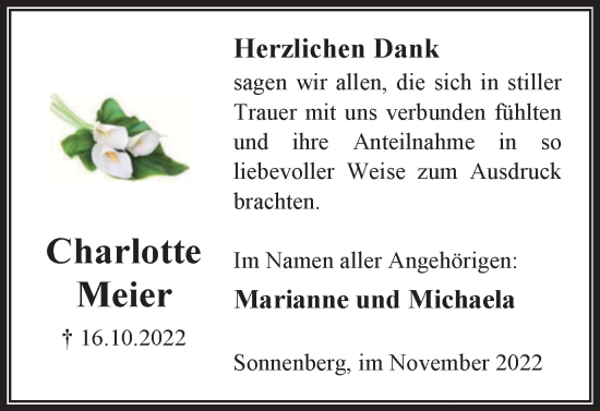 Traueranzeige von Charlotte Meier von Peiner Nachrichten