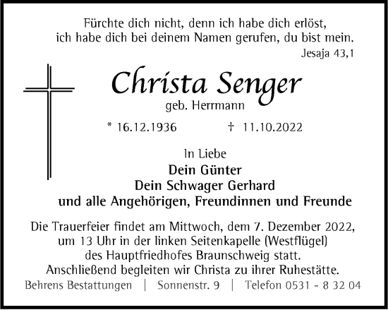 Traueranzeige von Christa Senger von Braunschweiger Zeitung
