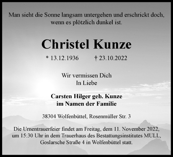 Traueranzeige von Christel Kunze von Wolfenbütteler Zeitung