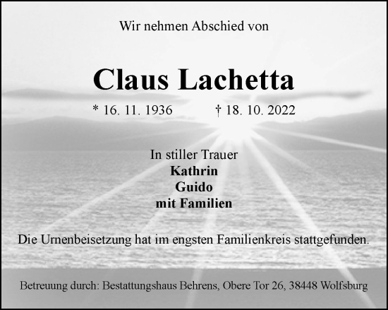Traueranzeige von Claus Lachetta von Wolfsburger Nachrichten