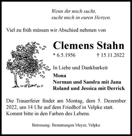 Traueranzeige von Clemens Stahn von Helmstedter Nachrichten