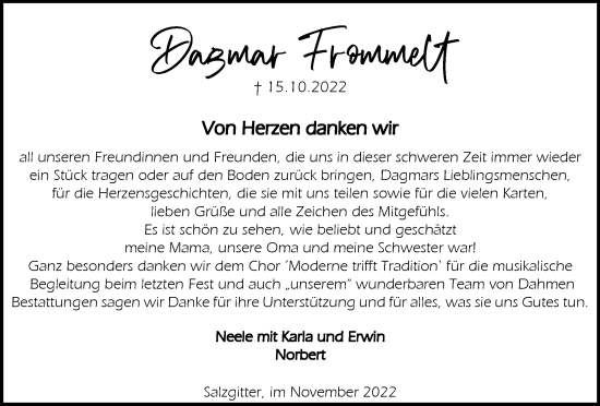 Traueranzeige von Dagmar Frommelt von Salzgitter-Zeitung