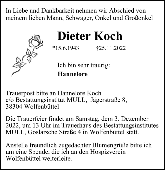 Traueranzeige von Dieter Koch von Wolfenbütteler Zeitung