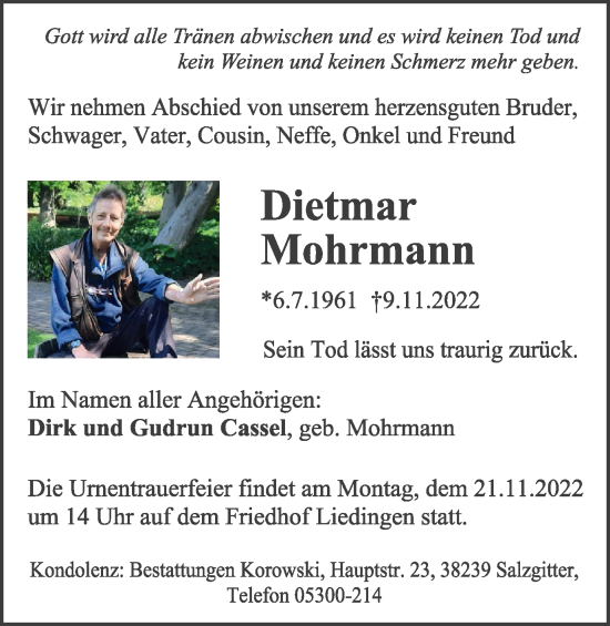 Traueranzeige von Dietmar Mohrmann von Peiner Nachrichten