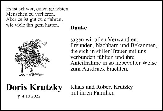 Traueranzeige von Doris Krutzky von Wolfsburger Nachrichten