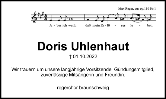 Traueranzeige von Doris Uhlenhaut von Braunschweiger Zeitung