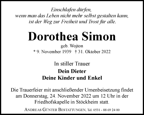 Traueranzeige von Dorothea Simon von Braunschweiger Zeitung