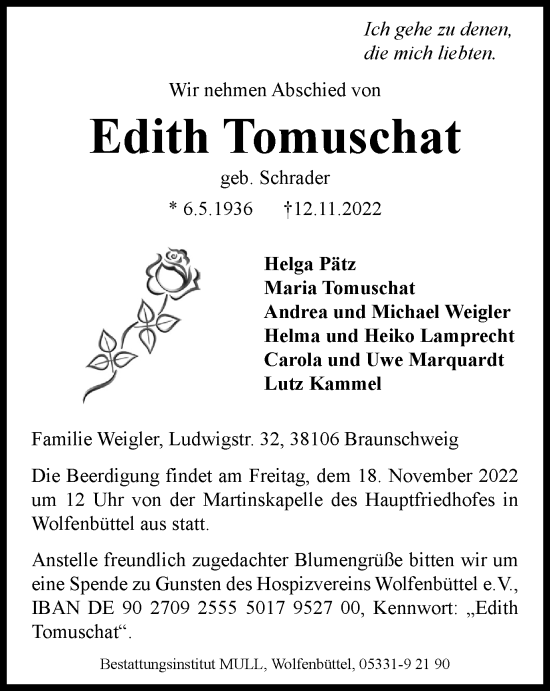 Traueranzeige von Edith Tomuschat von Braunschweiger Zeitung, Salzgitter-Zeitung