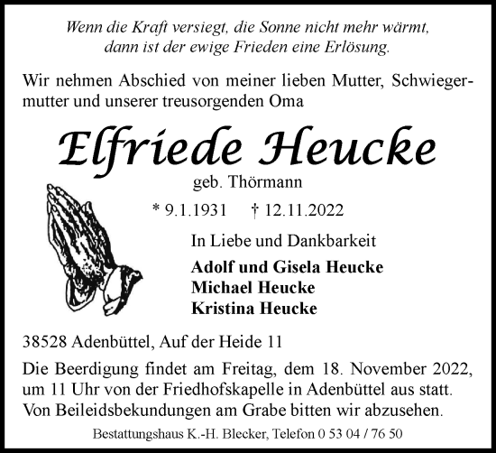 Traueranzeige von Elfriede Heucke von Braunschweiger Zeitung