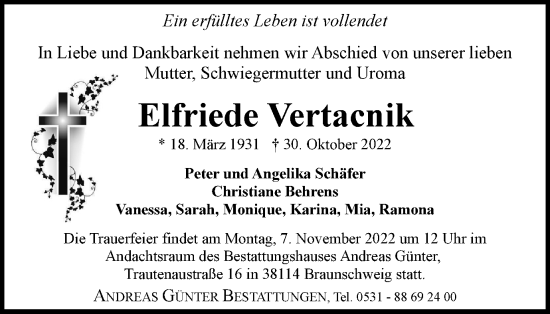 Traueranzeige von Elfriede Vertacnik von Braunschweiger Zeitung