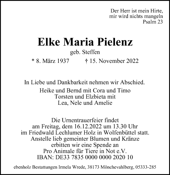 Traueranzeige von Elke Maria Pielenz von Wolfenbütteler Zeitung
