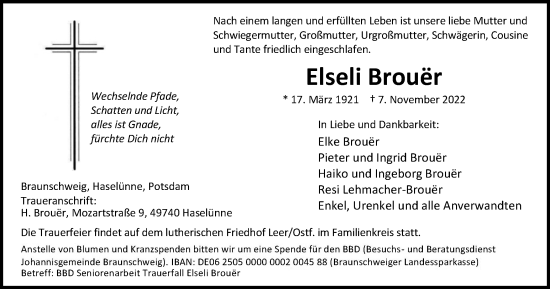 Traueranzeige von Elseli Brouër von Braunschweiger Zeitung