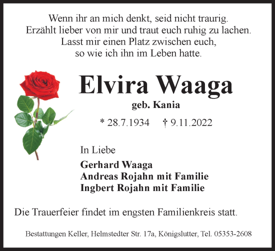 Traueranzeige von Elvira Waaga von Helmstedter Nachrichten