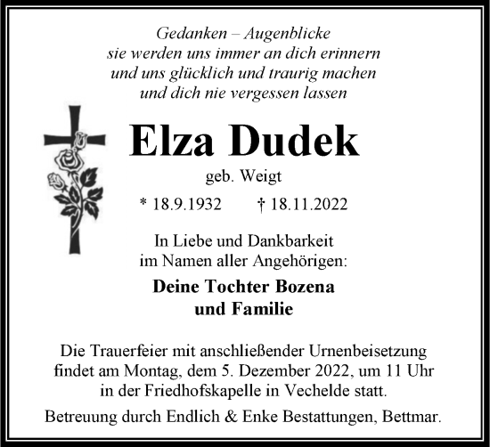 Traueranzeige von Elza Dudek von Peiner Nachrichten