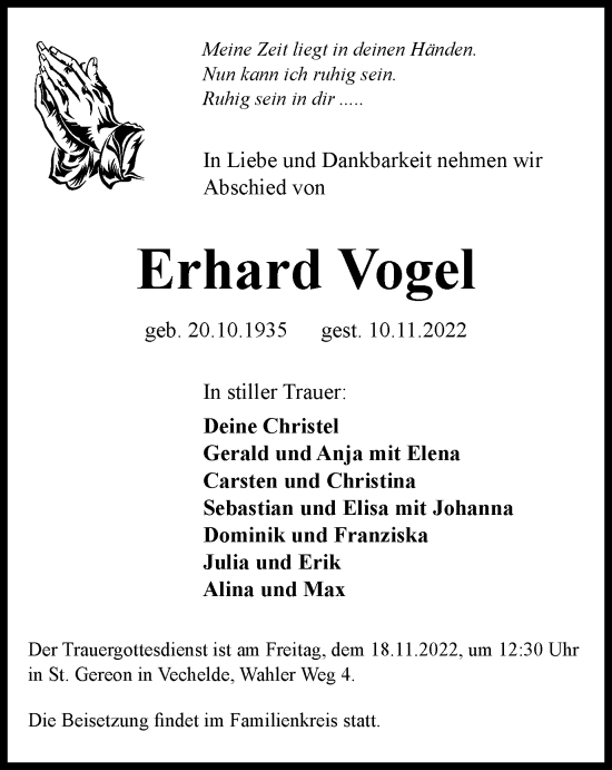 Traueranzeige von Erhard Vogel von Braunschweiger Zeitung