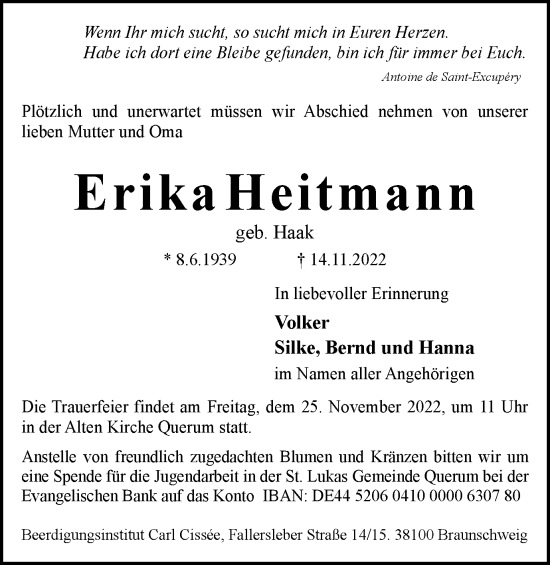 Traueranzeige von Erika Heitmann von Braunschweiger Zeitung