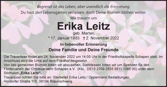 Traueranzeige von Erika Leitz von Braunschweiger Zeitung