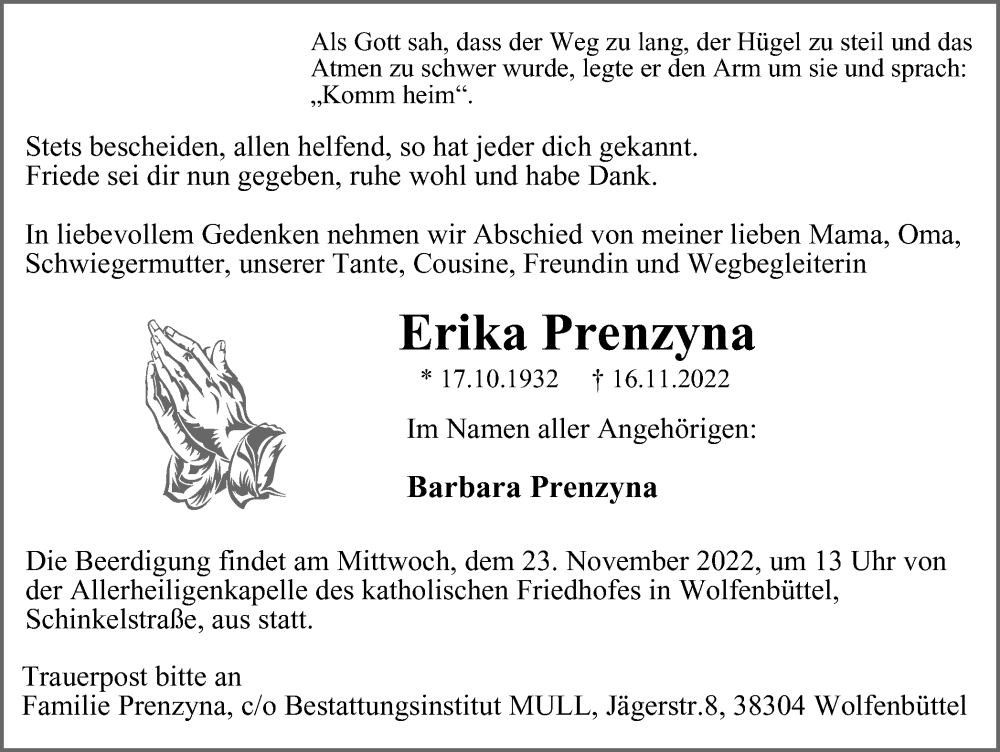  Traueranzeige für Erika Prenzyna vom 19.11.2022 aus Braunschweiger Zeitung