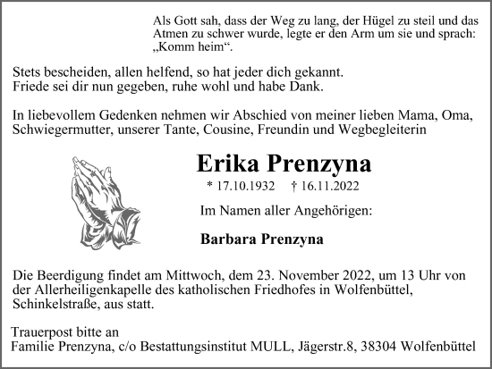 Traueranzeige von Erika Prenzyna von Braunschweiger Zeitung