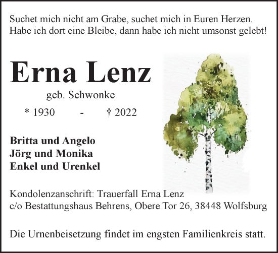 Traueranzeige von Erna Lenz von Wolfsburger Nachrichten