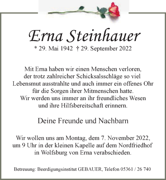 Traueranzeige von Erna Steinhauer von Wolfsburger Nachrichten