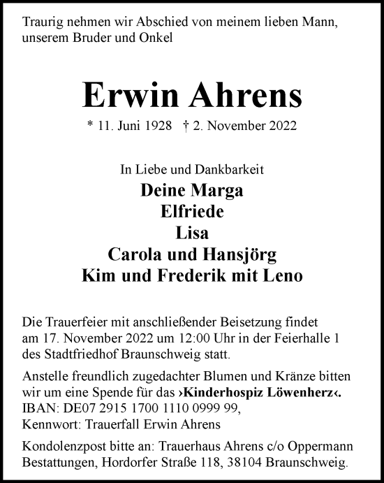 Traueranzeige von Erwin Ahrens von Braunschweiger Zeitung