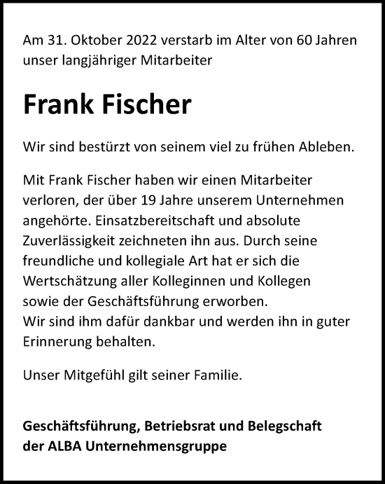 Traueranzeige von Frank Fischer von Braunschweiger Zeitung