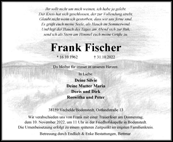 Traueranzeige von Frank Fischer von Braunschweiger Zeitung