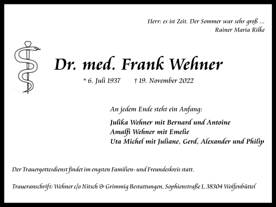 Traueranzeige von Frank Wehner von Braunschweiger Zeitung